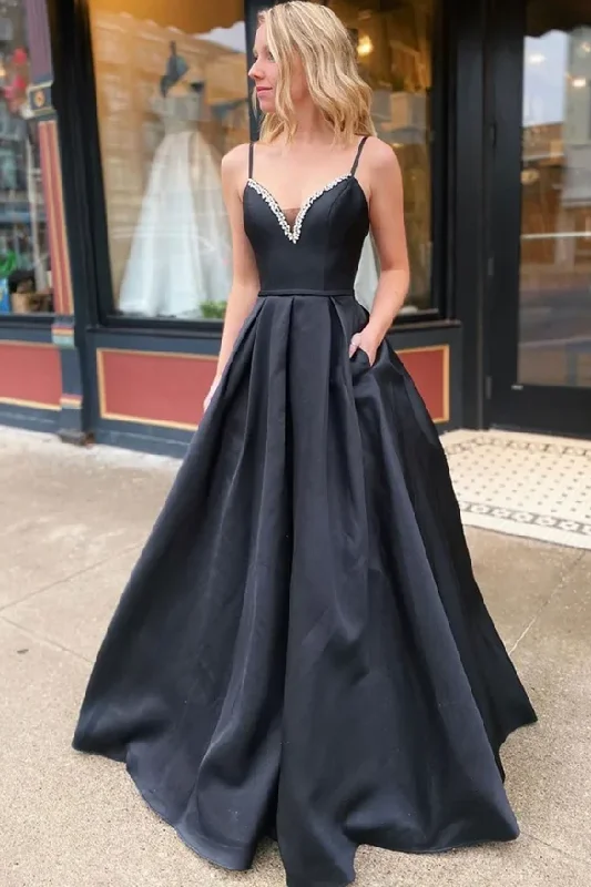 Women's Apparel Seasonal Trend Black Spaghetti Straps V-Neck Beads Satin Long Formal Prom Dress