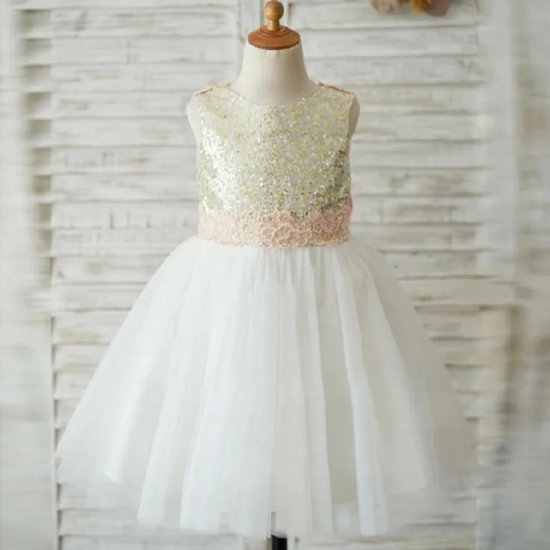 Casual Outfit For Women Dreamy Draping Lovely Lace Sleeveless  Open Back Sequins Tulle Flower Girl Dresses With Bow Sash, FGS028