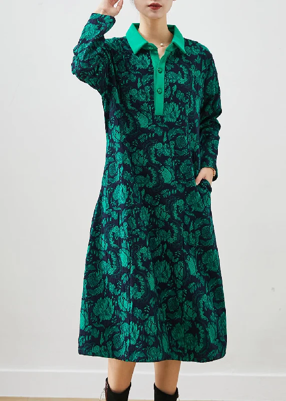 Modern Women's Attire Summer Splash Sale Simple Green Peter Pan Collar Print Cotton Maxi Dress Fall