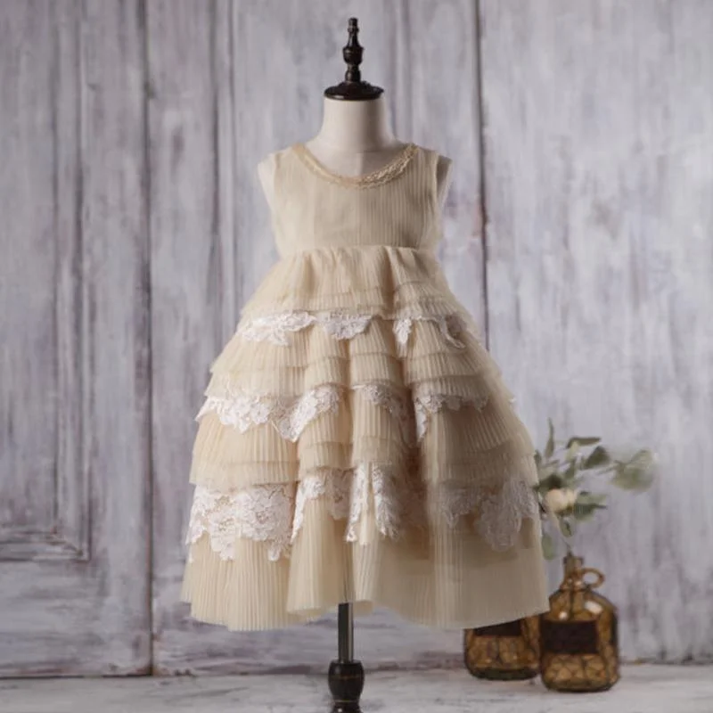 Women's Evening Outfit Chic Urban Fashion Look Round Neckline Sleeveless Beige Tulle Lace Flower Girl Dresses, Affordable Little Girl Dresses, FG058