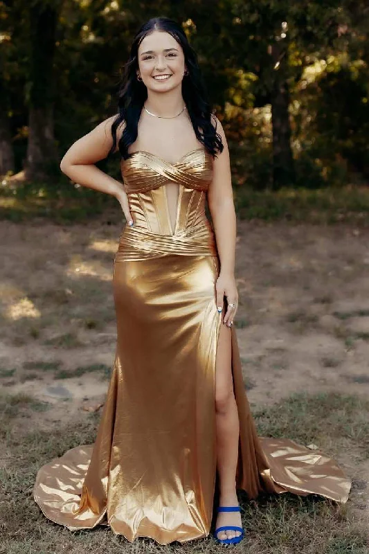 Women's Outdoor Activity Garments Popular Collection Gold Strapless Mermaid Metallic Sleeveless Keyhole  Side Slit Long Prom Dress