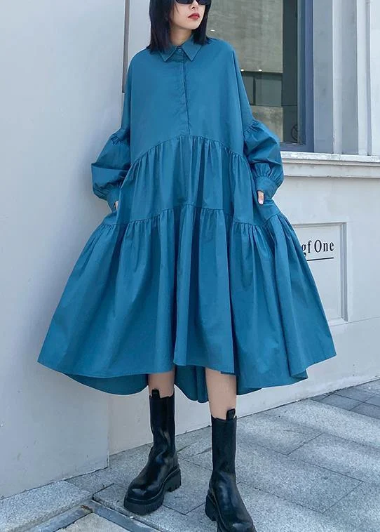 Women's Holiday Outfit Trendy Street Style Bohemian blue dress lapel Puff Sleeve Maxi Dress