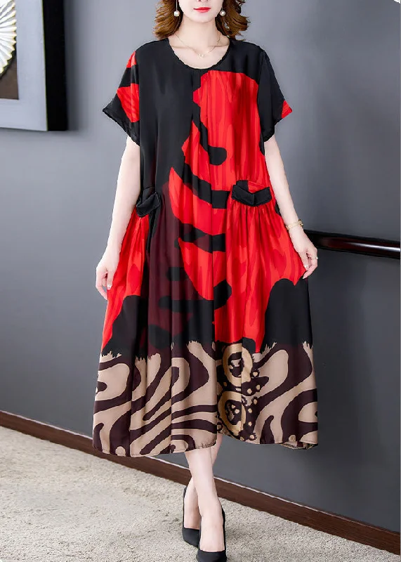 Women's Stylish Vacation Attire Best-Sellers Red Wrinkled Silk Maxi Dresses Short Sleeve