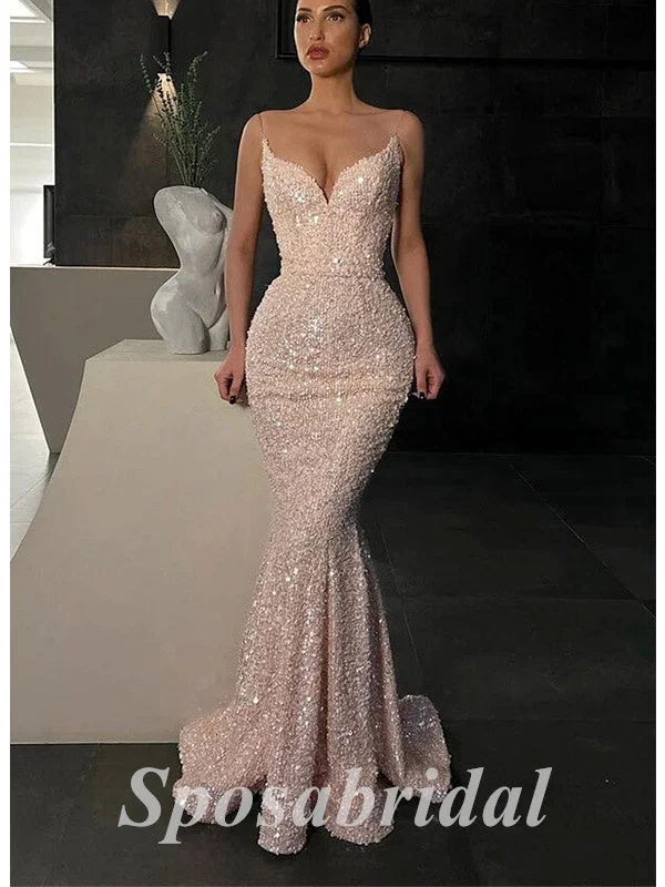 Women's Weekend Outfit Limited - Edition Drops Sexy Sequin Spaghetti Straps V-Neck Sleeveless Mermaid Long Prom Dresses, PD3587