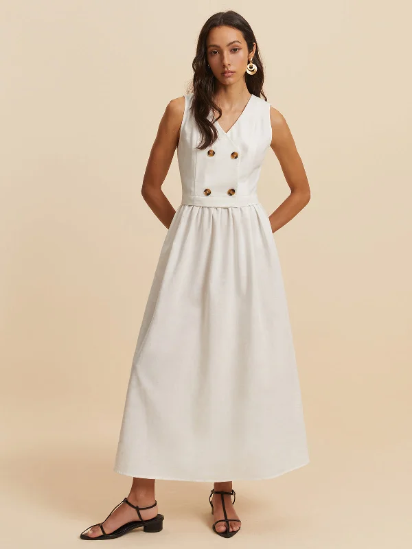 Women's Contemporary Apparel Summer Deals Cotton & Linen Button Sleeveless Dress