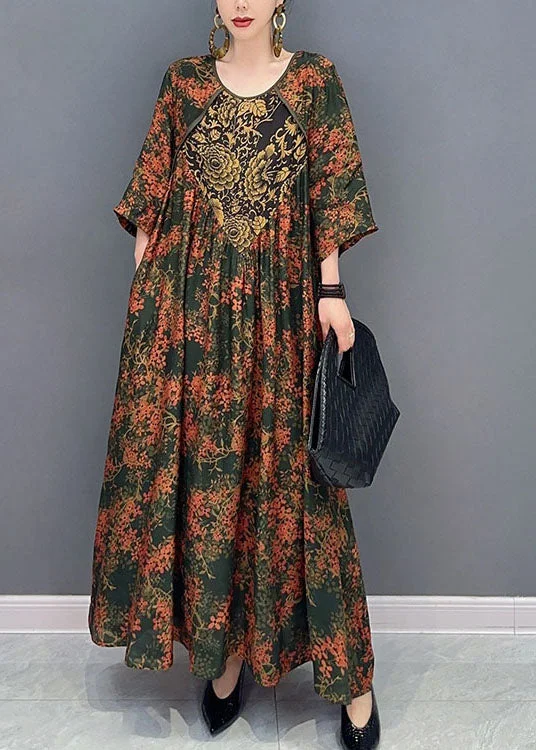 Women's Athletic Outfit Style Versatile Women's Collection Beautiful Green O Neck Print Patchwork Cotton Maxi Dresses Spring