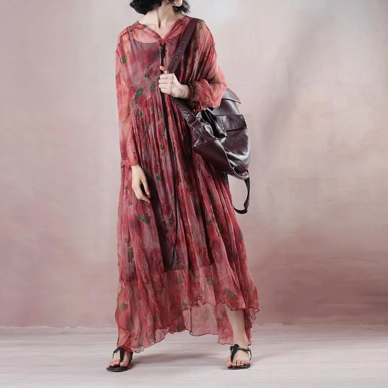 Women's Clothing For Outdoor Events Special Offers fine light red silk dress v neck long sleeve gown print Cinched drawstring maxi dress