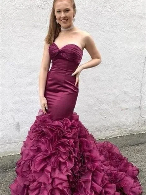 Women's Plus-Size Casual Outfit Wardrobe Update Sweetheart Long Mermaid Plum Satin Organza Prom Dresses, Long Prom Dresses, 2020 Prom Dresses