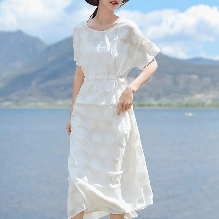 Elegant Clothing For Women Brand Name Clothing Discount Extravaganza fine white linen maxi dress plus size O neck dotted gown fine short sleeve tie waist dresses