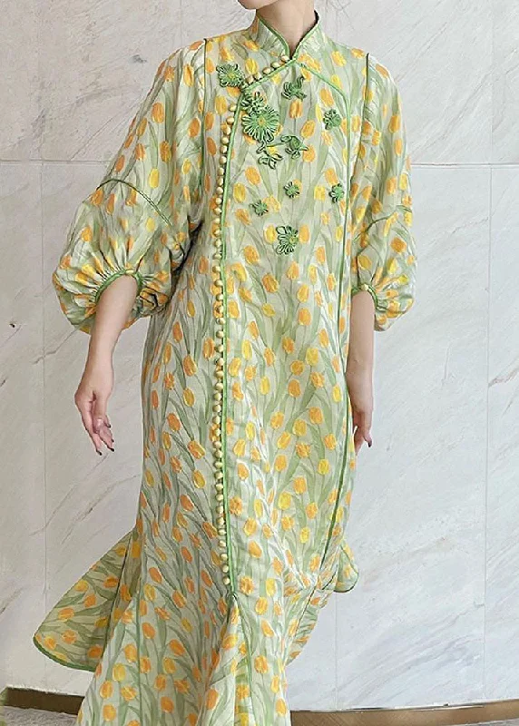 Women's Fashion-Forward Apparel Chic Sophistication Elegant Yellow Green Embroidered Button Silk Maxi Dresses Fall