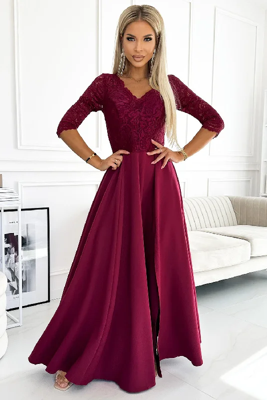 Women's Night-Out Clothes Gorgeous Glamour Collection AMBER elegant long maxi dress with lace neckline - burgundy