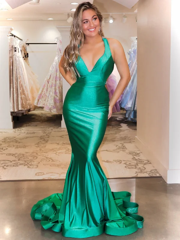 Women's Layered Outfit Style Redefined Deep V-neck Long Mermaid Green Satin Prom Dresses, Popular 2020 Prom Dresses, Long Prom Dresses