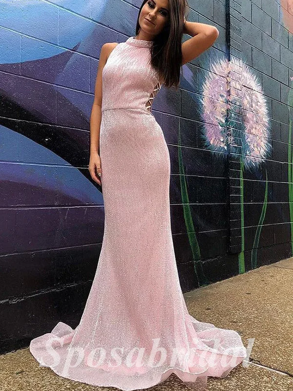 Women's Effortless Casual Outfit Anniversary Sale Sexy Special Fabric High Neck Sleeveless Mermaid Long Prom Dresses, PD3623