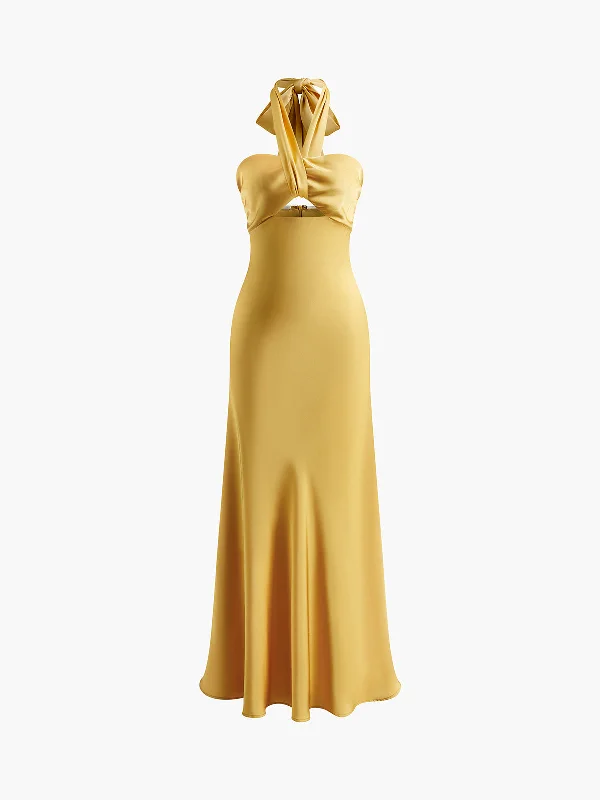 Women's Casual Wear Outfit Chic Style, Always In Vogue Halter Backless Satin Long Dress