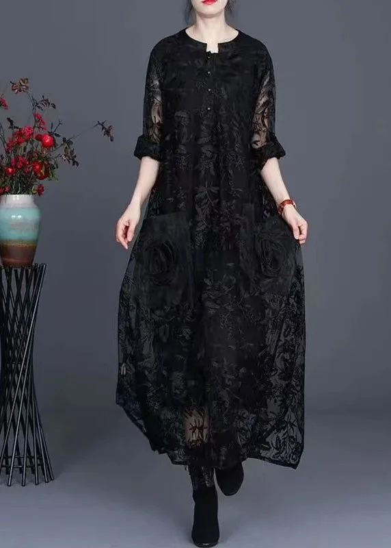 Women's Clothing For Holiday Travel Seasonal Trends Italian Black Jacquard Long Lace Dress Casual Spring Maxi Dress