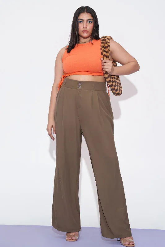 Women's Functional Outfit For Outdoor Activities Absurdly Cheap Sale Mocha Mist Curve Pleated Double Button Korean Pants