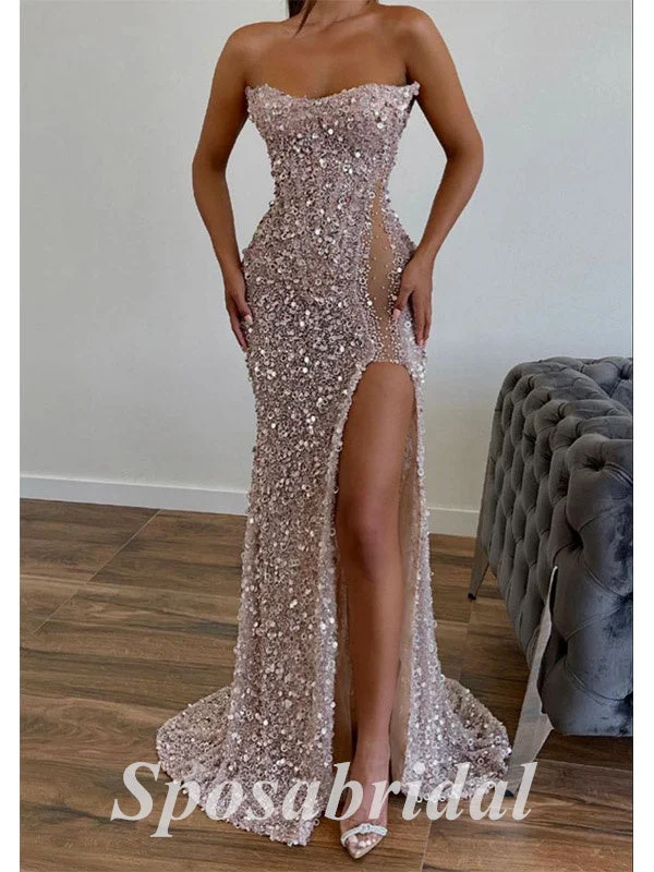 Women's Office Attire Fashion Deal Sexy Sequin Sweetheart Sleeveless Side Slit Mermaid Long Prom Dresses,PD3638