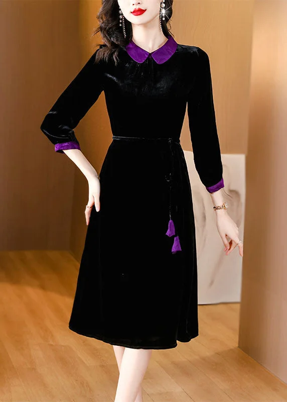 Women's Luxury Attire Huge Savings On Parisian Styles Boho Black Peter Pan Collar Patchwork Silk Velour Maxi Dresses Long Sleeve