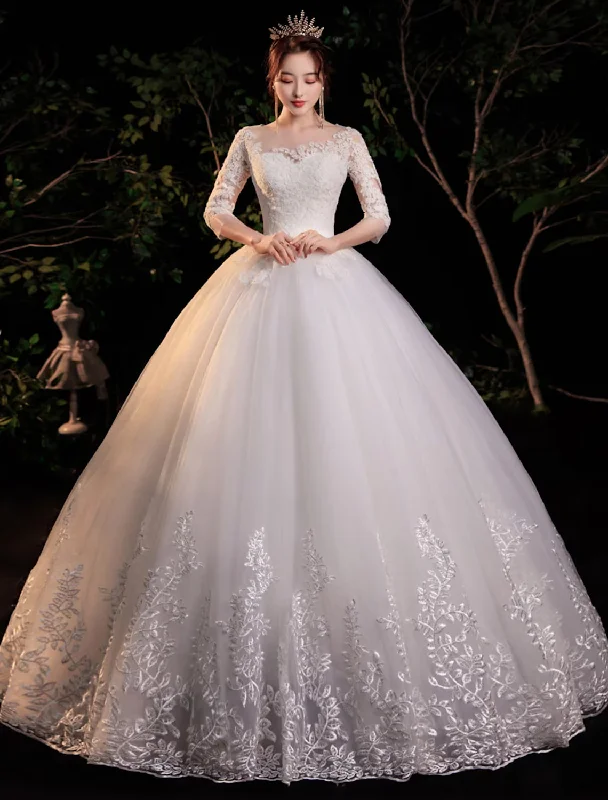 Women's Holiday Clothing Limited Time Offer Engagement Formal Wedding Dresses Floor Length Princess Half Sleeve Lace With Appliques