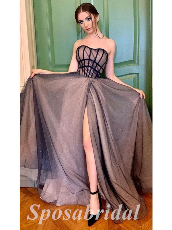 Women's Casual Attire Limited Time Deal Sexy Sequin Tulle Sweetheart Sleeveless Side Slit A-Line Long Prom Dresses,PD3632