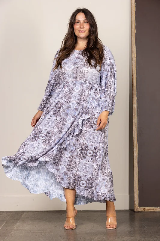 Vintage Clothing For Women Chic Style GREY PLEATED RUFFLED LONG SLEEVES PLUS SIZE MAXI DRESS VL5823A