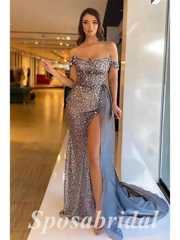 Women's Stylish Outdoor Outfit Beat The Heat In Tropical Styles Sexy Sequin Off Shoulder Sleeveless Side Slit Mermaid Long Prom Dresses,PD3658