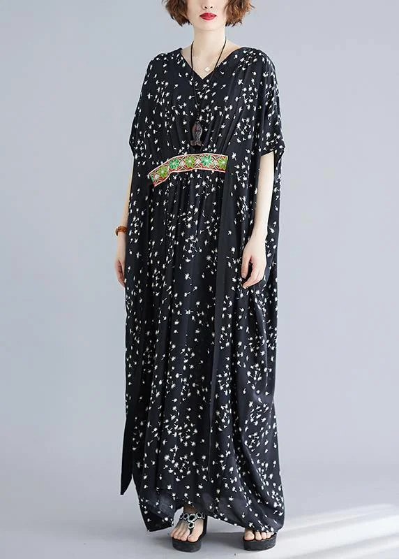 Women's Fashionable Clothing Sets Latest Fashion Art Black Print Cotton Cinched Summer Maxi Dress