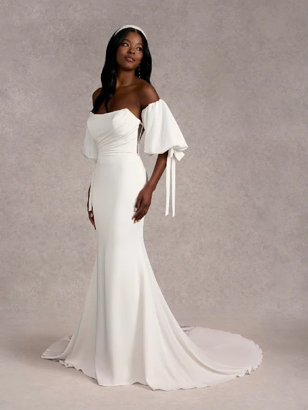 Casual Chic Women's Clothes Relaxed Style Strapless Puff Sleeve Bridal Gown by Adrianna Papell 31269