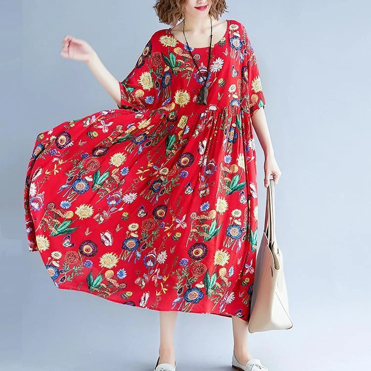 Women's Outerwear Garments Elegant Contour stylish red print long cotton linen dresses casual short sleeve baggy dresses gown 2018 o neck gown