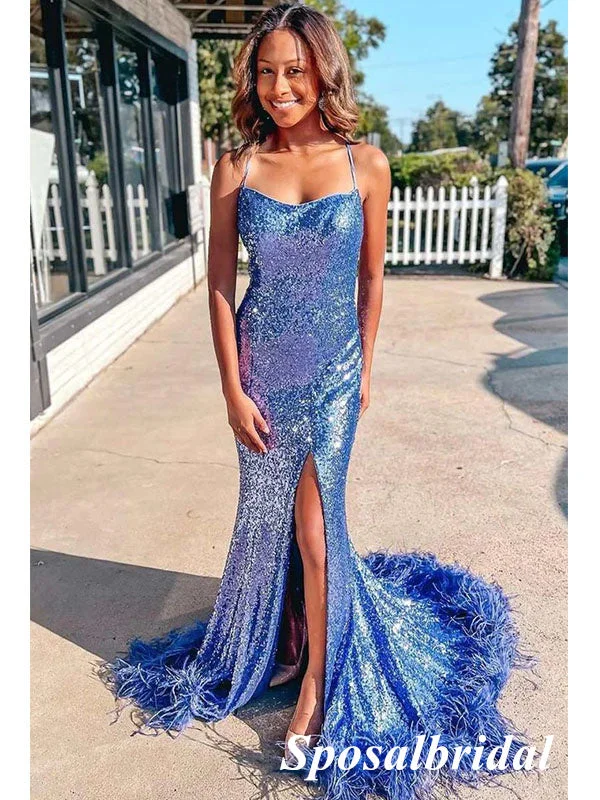 Women's Elegant Outfit Boho - Chic Festival - Ready Style Sexy Sequin Spaghetti Straps Sleeveless Lace Up Back Side Slit Mermaid Long Prom Dresses, PD3731