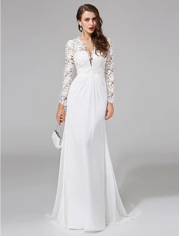 Modern Women's Clothes Seasonal Picks Beach Royal Style Wedding Dresses Long Sleeve V Neck Chiffon With Lace Button