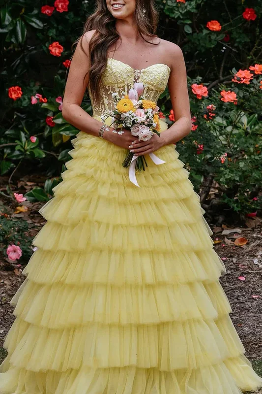 Women's Athletic Clothes Big Discounts A-Line Strapless Ruffles Yellow Tulle Tiered Sleeveless Long Prom Dress