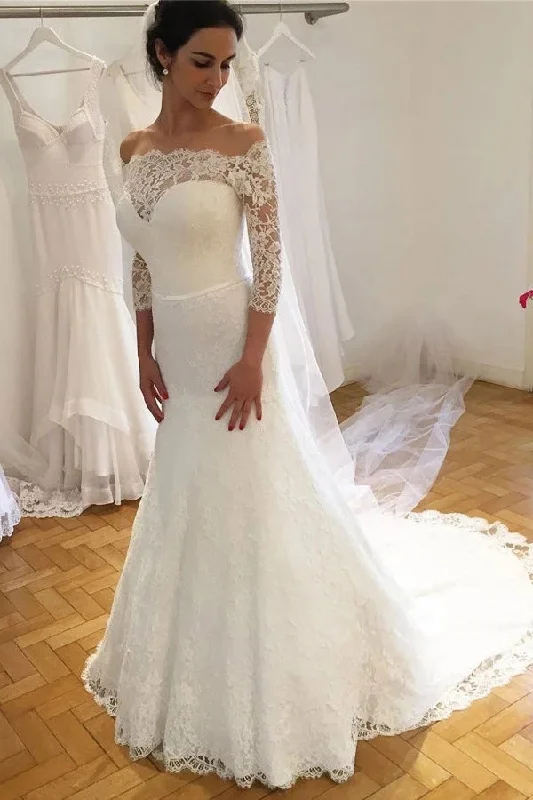 Comfortable Outfit For Women Special Occasion Wear Elegant Off the Shoulder Lace Wedding Dresses with 3/4 Sleeves Mermaid Bridal Dresses N2524