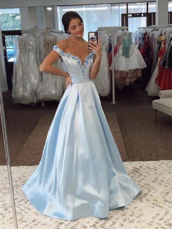 Women's Workout Clothing Redefining Women's Fashion Off the Shoulder Light Blue Satin Prom Dresses, A-line Prom Dresses, 2021 Prom Dresses, Cheap Prom Dresses, Popular Prom Dresses