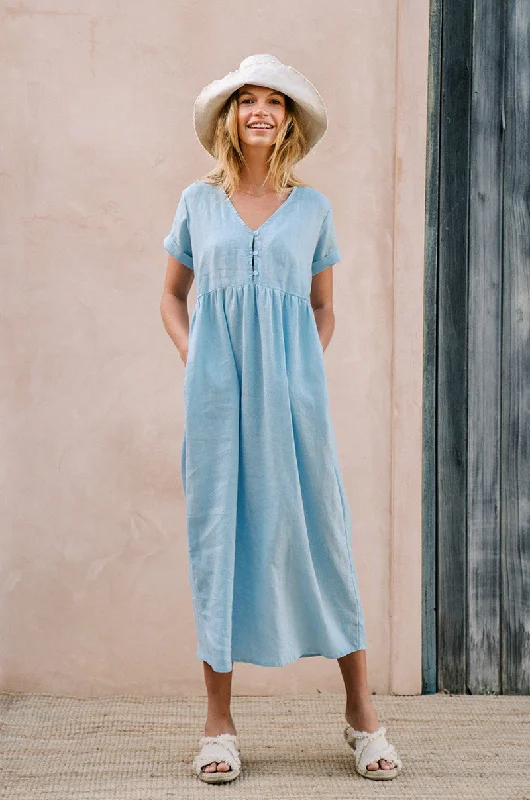 Women's Trendy Casual Outfit Designer Wear On Sale SUNSEEKER Midi Dress - sky blue linen