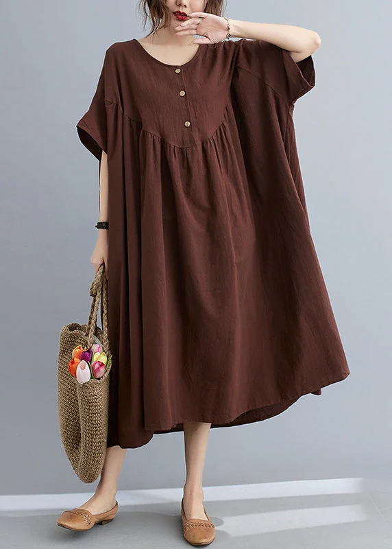 High-Fashion Women's Clothing Elevate Your Wardrobe Coffee O-Neck Wrinkled Maxi Dresses Summer