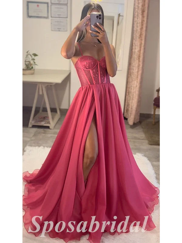 Stylish Women's Attire Exclusive Discount Sexy Spaghetti Straps V-Neck Sleeveless Side Slit A-Line Long Prom Dresses,PD3630