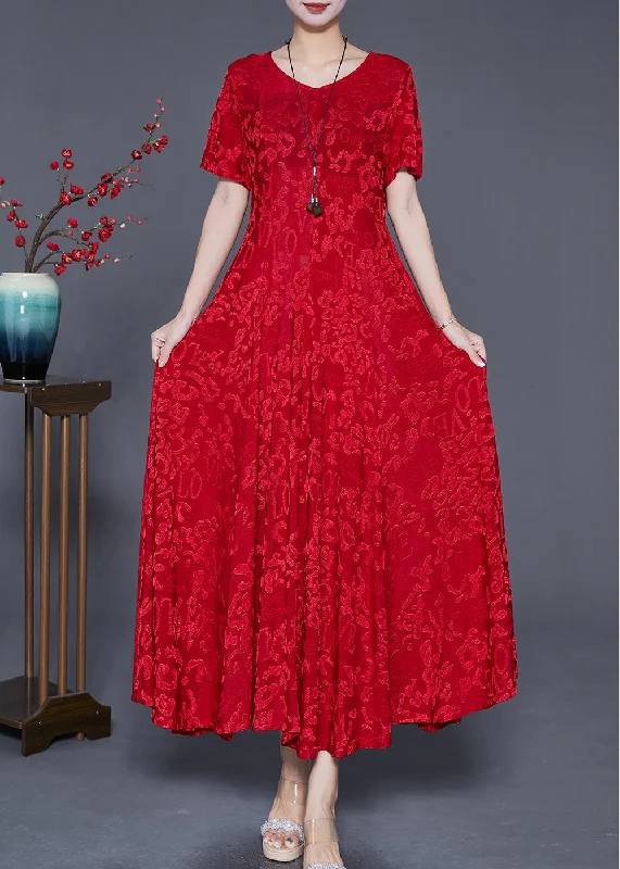 Women's Travel Apparel Relaxed Style French Red Jacquard Exra Large Hem Silk Maxi Dresses Summer