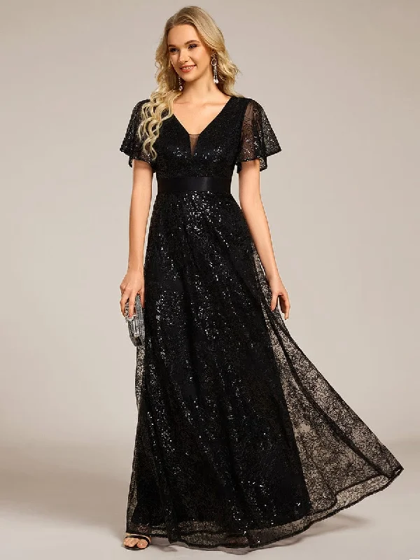 Women's Clothing Wardrobe Essentials Illusion V-neck Short Sleeve Sequin Formal Maxi Dress