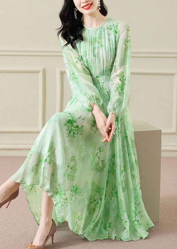 Women's Trendy Garments Clearance Event Elegant Green Wrinkled Print Chiffon Maxi Dress Long Sleeve