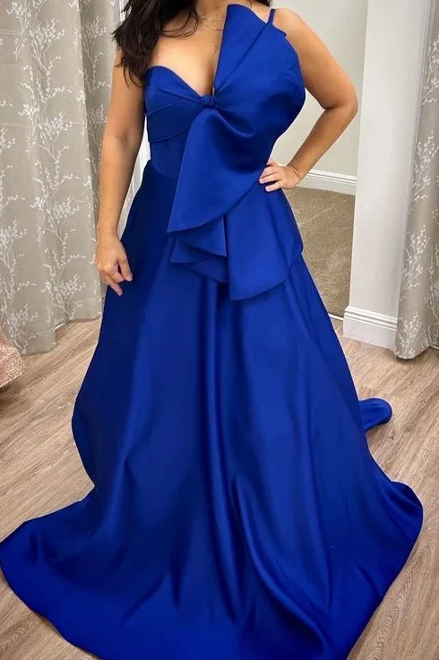 Women's Travel Attire Fashionista Favorites Royal Blue One Shoulder A-Line Satin Long Formal Prom Dress with Big Bow