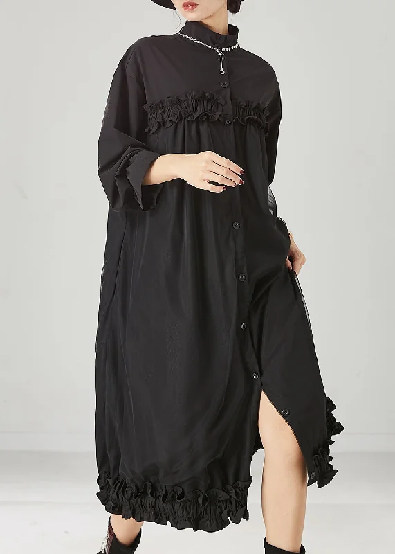 Vintage-Inspired Garments Wardrobe Refresh Casual Black Ruffled Patchwork Tulle Cotton Maxi Dress Spring