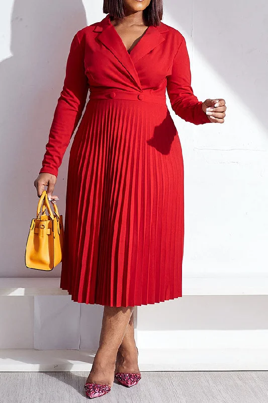 Women's Work Outfit For The Office Feminine Soft - Hued Look Solid Color Notched Lapel Stylish Pleated Midi Dress