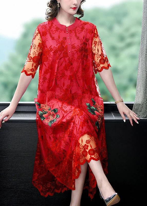 Women's Plus-Size Attire Mother'S Day Special Red Print Hollow Out Button Tulle Maxi Dress Summer