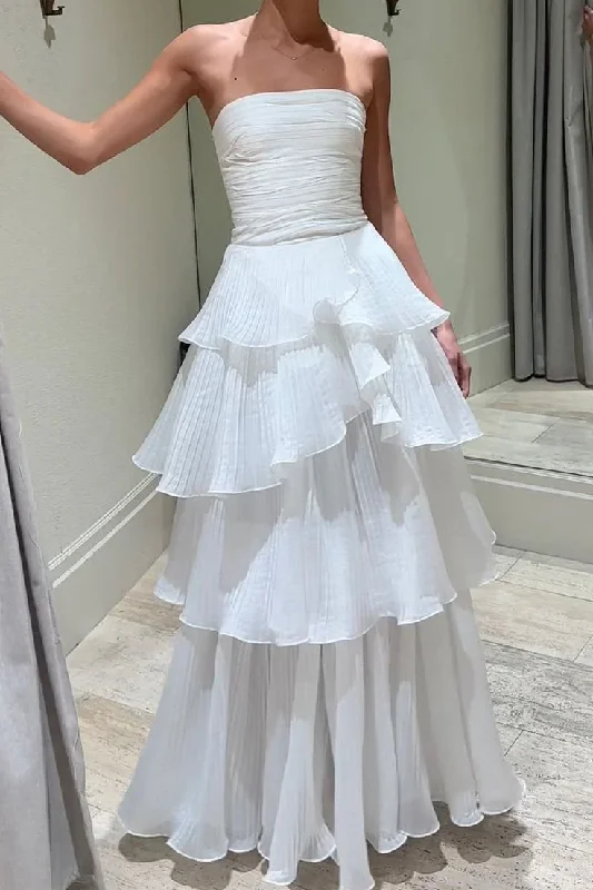 Women's Night-Out Clothes Hot Brand Discounts Strapless Tiered Scoop Sleeveless Ruffles White Prom Formal Dress