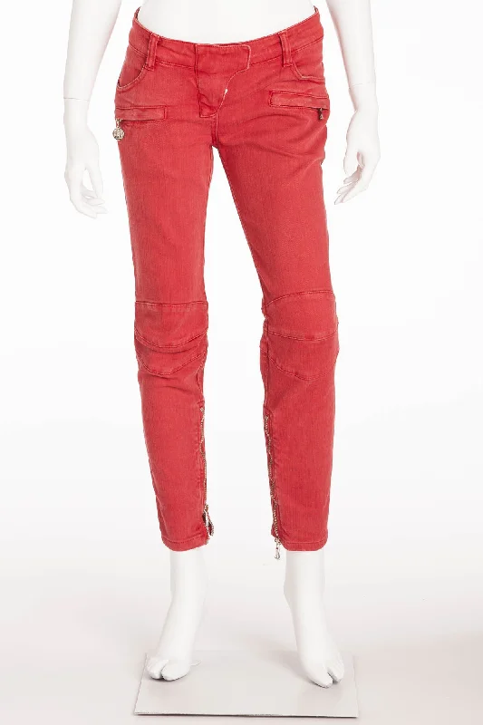 Women's Professional Garments Trendsetting Threads Balmain - Red Denim Moto-Style Jeans - FR 40