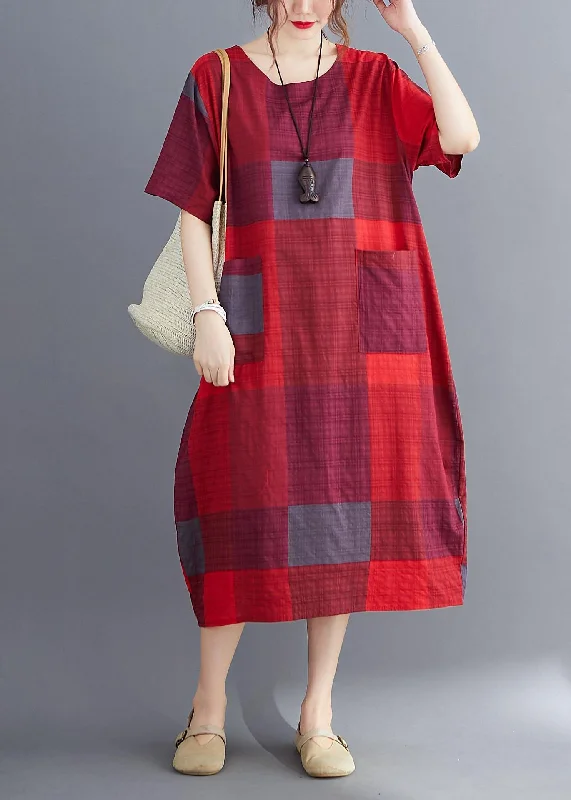 Women's Activewear Outfit High-End Women’S Wear Plus Size Corron Linen Red O Neck Plaid Summer Maxi Dresses