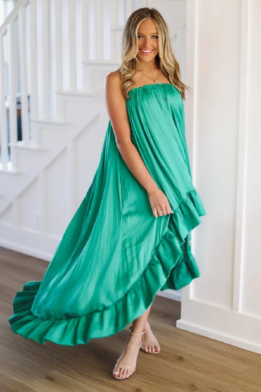 Women's Outerwear Clothing Trend Setting Threads Say What You Will High Low Satin Dress - Green