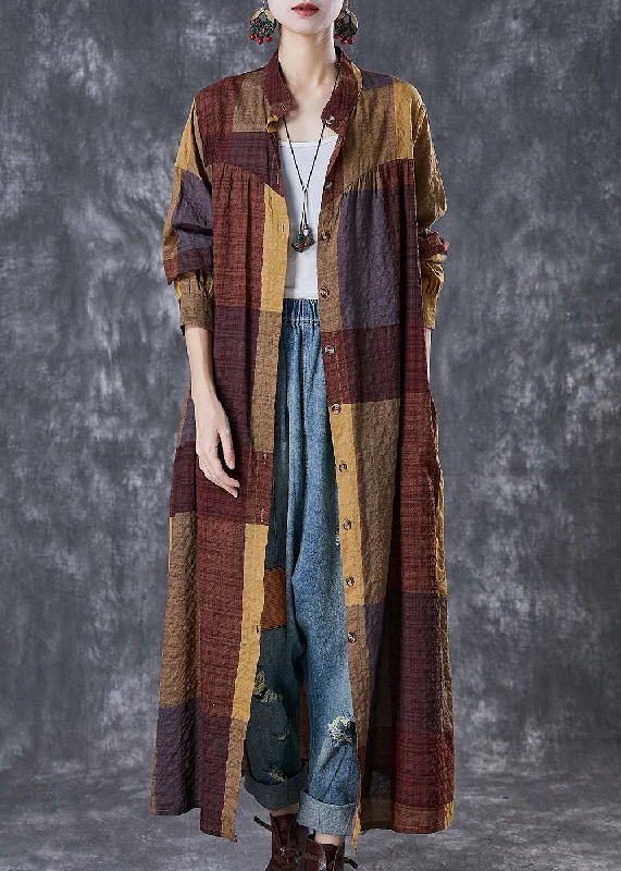 Chic Clothes For Women Exquisite Craftsmanship Khaki Plaid Linen Maxi Dresses Oversized Fall