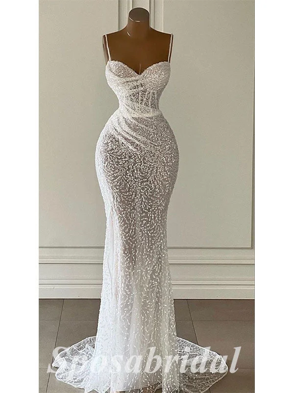 Women's Comfy Loungewear Outfit Weekend Special Sexy White Tulle Sequin Lace Spaghetti Straps V-Neck Sleeveless Mermaid Long Prom Dresses,PD3697